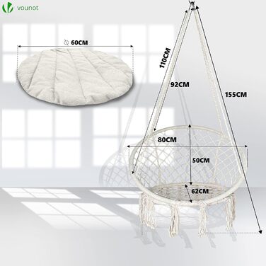 Підвісне крісло-гойдалка VOUNOT з полицею для книг та подушкою, для дому та саду, діаметр сидіння 80 см, X-Large, Бежевий