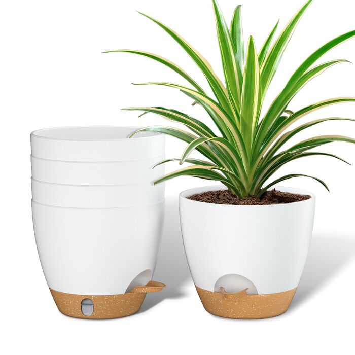 Набір горщиків для квітів ZMTECH 25 см з підставкою, пластикові пересаджувальні горщики з автополивом, квіткові горщики з індикатором рівня води для дому/саду (2 шт.,) (Білий, 15 см (5 шт.))