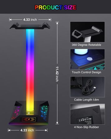 Кронштейн для гарнітури HCMAN RGB з 2 USB, світлодіодна підставка для навушників для ПК-геймера, чорний