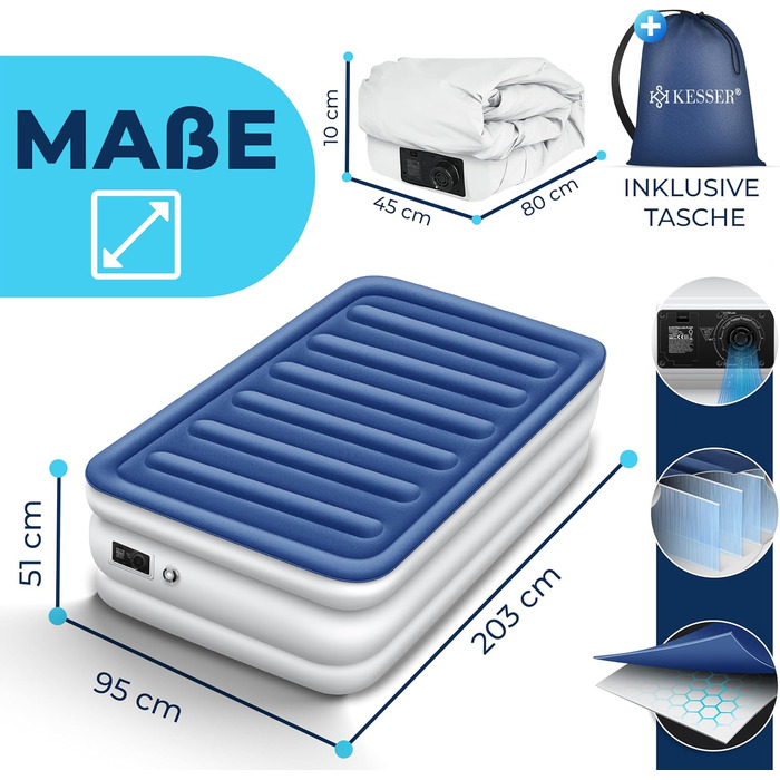Надувна матрац KESSER® з електричним насосом, 203x152.5x51 см, для відпочинку та кемпінгу