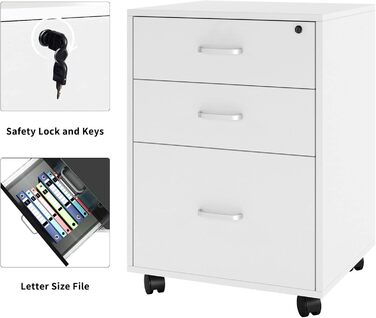 Шафа для документів SDHYL з 3 висувними ящиками на колесах, верхній ящик з замком, великий об'єм, для дому та офісу (Біланко)