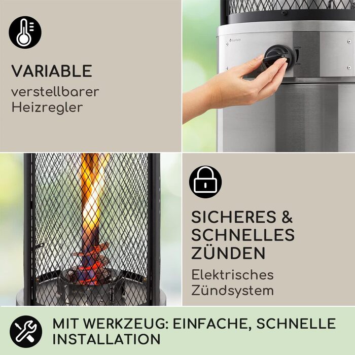 Газовий обігрівач Blumfeldt Gas для тераси, саду та балкону, 360° огляд полум'я, газовий нагрівач для вулиці з електричним запалюванням, обігрівач для тераси з роликами, срібно-золотий, модель Deluxe (Газовий балон не входить у комплект)