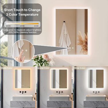 Дзеркало для ванної кімнати LUVODI з підсвічуванням 40x50 см: регульоване LED дзеркало з 3 кольорами світла, 2 сенсорні кнопки, запобігає запотіванню, водонепроникне, монтаж на стіну (70L x 50B см)