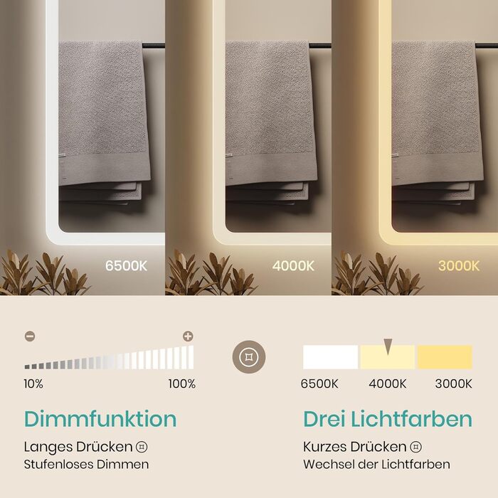 EMKE® LED дзеркало для ванної кімнати 80x60 см з підсвічуванням, сенсорне, регулювання яскравості, протизапотівання, 3 косметичні дзеркала, годинник, IP44