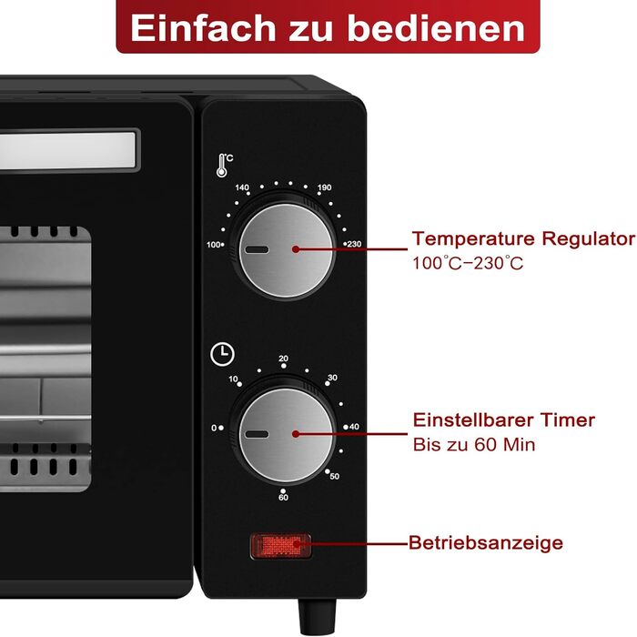 Міні-піч Wannyton 10L: піч для піци, випічки та хліба, 650W, 100-230°C, таймер, решітка, деко, чорний
