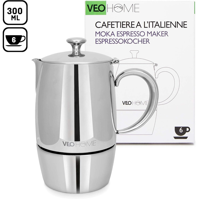 Мока-кавоварка VeoHome Mokka Pot на 10 порцій - нержавіюча сталь, італійська, для індукційних плит, газу, кераміки, електрики, без алюмінію, подвійний фільтр (300 мл)