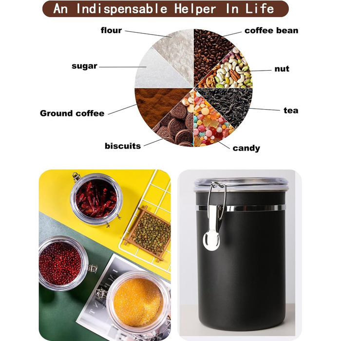 Герметична контейнер для кави та продуктів, набір 2 шт, 1.8L, нержавіюча сталь, чорний