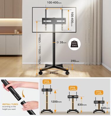 Мобільна підставка для телевізора Hemudu 23-60 дюймів LCD/LED, до 35 кг, VESA 400x400, регульована висота
