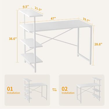 Письмовий стіл CubiCubi 120x50 см, 3-рівнева полиця, ігровий стіл для ПК, стабільний, білий