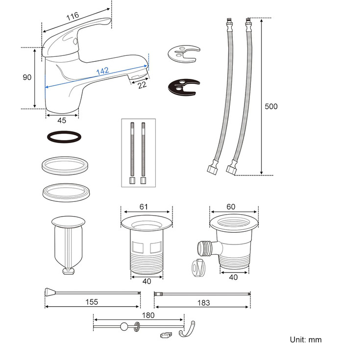 Змішувач для ванної кімнати з витяжною штангою, однорідний змішувач, хромований, з витяжною штангою, для ванної кімнати, з сифоном
