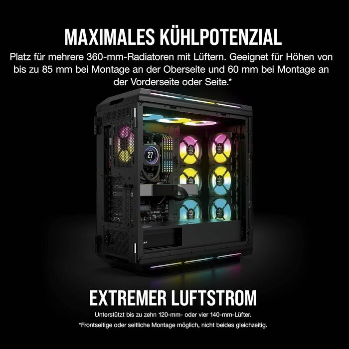 Корпус для ПК Corsair iCUE 5000T RGB, середній ATX, 208 адресованих RGB-LED, підтримка кількох 360-мм радіаторів, 3 вентилятори LL120 RGB, контролер COMMANDER CORE XT, чорний