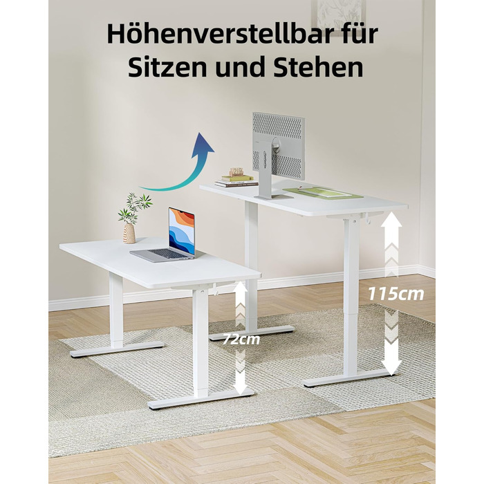 Електричний регульований стіл BEXEVUE 120x60 см, білий. Стіл для роботи, стоячи/сидячи з 2 функціями пам'яті. Комп'ютерний стіл