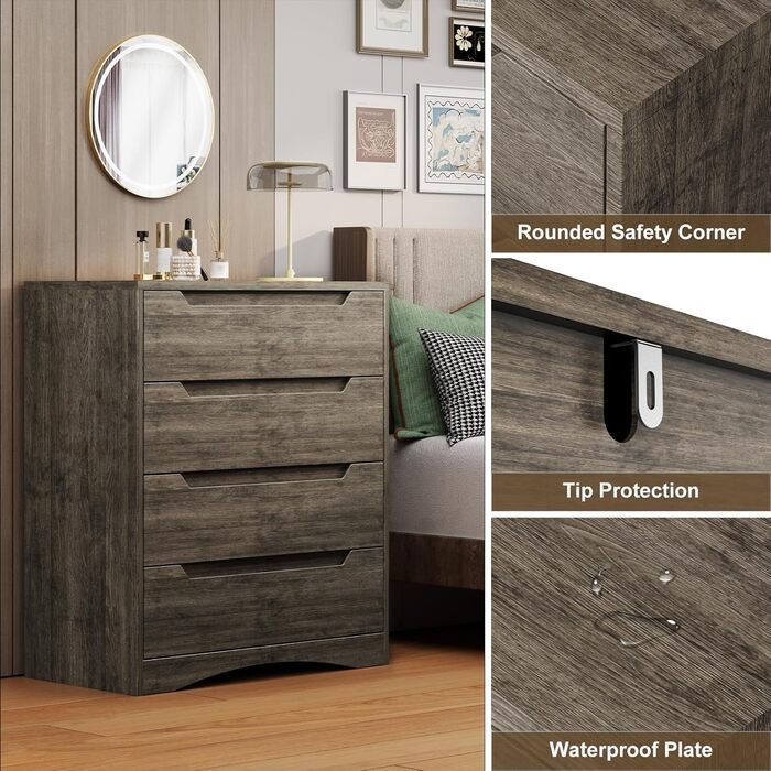 Комод Bealife для спальні з 4 великими шухлядами, шафа з шухлядами з вирізаними ручками та блокуванням від перекидання, ідеальний для вітальні, офісу (темно-сірий)