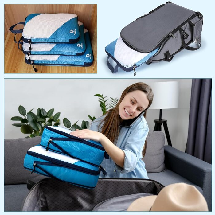 Набір компресійних органайзерів для одягу в подорожі AiQInu, 5 шт. (з мішком для прання та взуття), ультралегкі розширювані пакувальні куби для валізи та ручної поклажі, небесно-блакитний