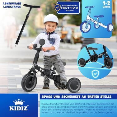 Біговел-триколіс KIDIZ 6-в-1 для дітей 1-5 років до 25 кг, з ручкою, захисним бампером, ременем безпеки, дзвінком та дзеркалом (Антрацит)