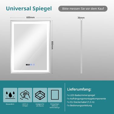 Дзеркало для ванної кімнати YOURLITE з підсвічуванням, 85x55 см, LED, сенсорне керування, 3 кольори світла, регулювання яскравості, антизапар, горизонтальне/вертикальне, IP44, білий (срібний, 80x60 см)