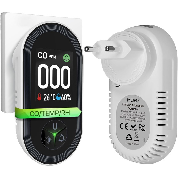 Датчик CO MOES з вилкою, 3-в-1: датчик CO, термометр та гігрометр, з акустичним сигналом, для дому та автодому, 1 шт.