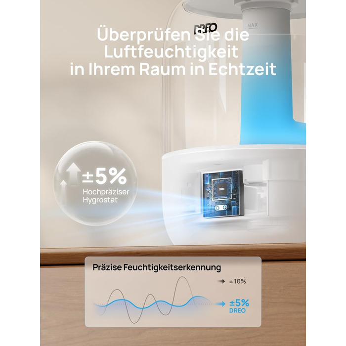 Зволожувач повітря Dreo для спальні: ультразвуковий, холодний туман, 3L, датчик вологості, нічник, для дітей, кімнатних рослин та дому (білий)
