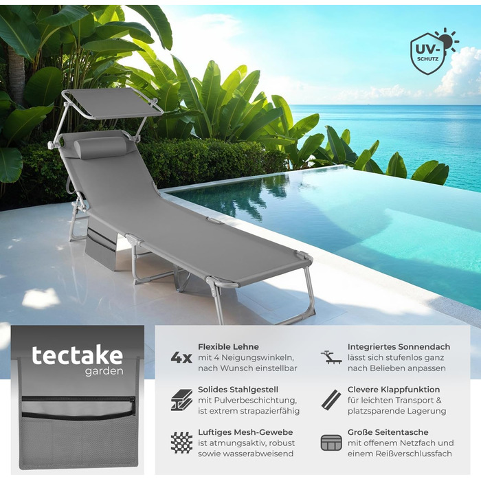 Лежак для відпочинку Tectake®: складаний, портативний, з кишенею, для балкона, тераси, кемпінгу (сірий)
