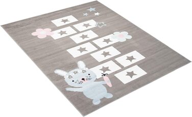 Дитячий килим TAPISO, дитячий килим з коротким ворсом, сірий, білий, рожевий, синьо-сіро-коричневі квіти, місячний кролик, сучасна дитяча кімната (80 x 150 см, сіро-синій 1)