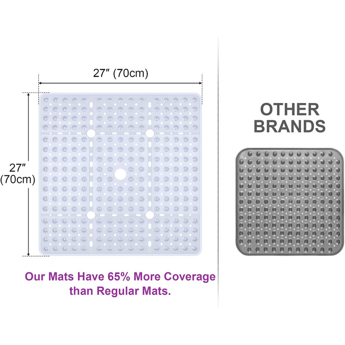 Протиковзкий килимок для душу Kingrading XL 70x70 см, 240 присосок, зливні отвори, можна прати в пральній машині (прозорий)