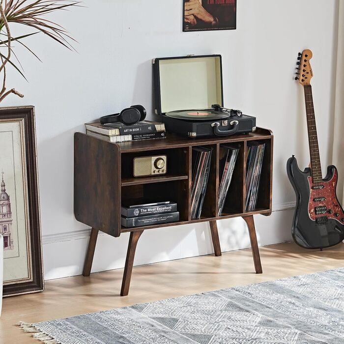 Сумка-органайзер для вінілових платівок LELELINKY: стійка з 4 полицями, вміщує до 220 платівок, з міцними дерев'яними ніжками, Mid-Century дизайн, білий колір, для проигрывателя (Braun)