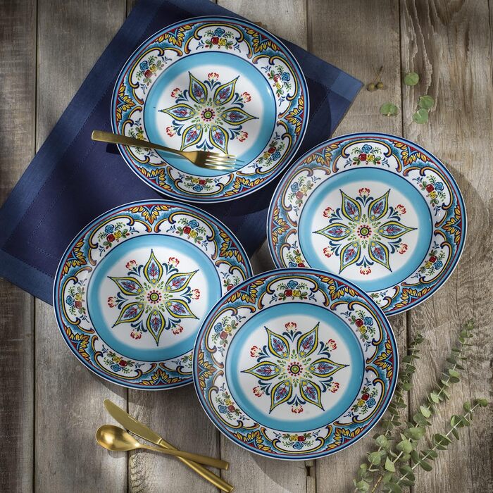 Набір посуду Euro Ceramica Zanzibar Collection, 16 частин, для кухні та їдальні, на 4 особи, з іспанським квітковим візерунком, блакитно-жовтий