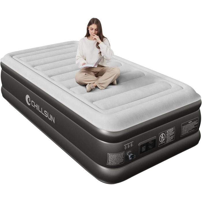 Надувне ліжко CHILLSUN® з електричним насосом, 203x152x46 см, водонепроникне, для кемпінгу та гостей (1 особа)