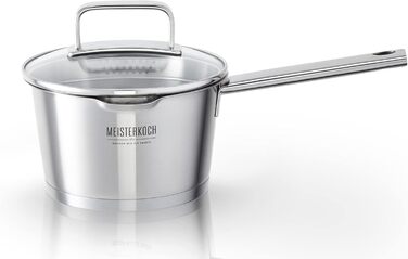 Каструля Meisterkoch з нержавіючої сталі 16 см | з виливом, мірною шкалою та ізольованою ручкою | 1 скляна кришка з дрібним та великим ситом | посуд з нержавіючої сталі, підходить для індукційних плит 16 см