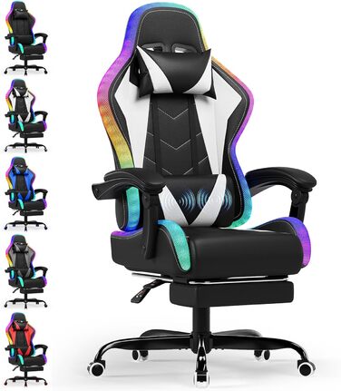 Ігровий крісло Devoko з LED підсвічуванням, білий. Ергономічний офісний крісло з функцією масажу, телескопічною підніжкою, регулюванням спинки 90-135°, вантажопідйомність 150 кг