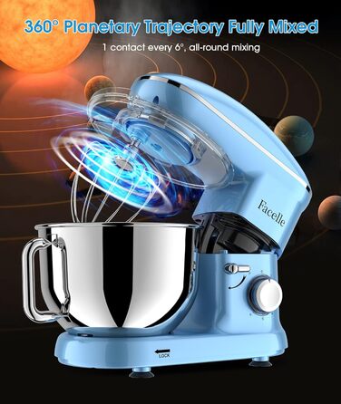 Кухонна машина Facelle 1500W з нержавіючою чашею 6.2L, 6 швидкостей, комплект насадок (блакитна)