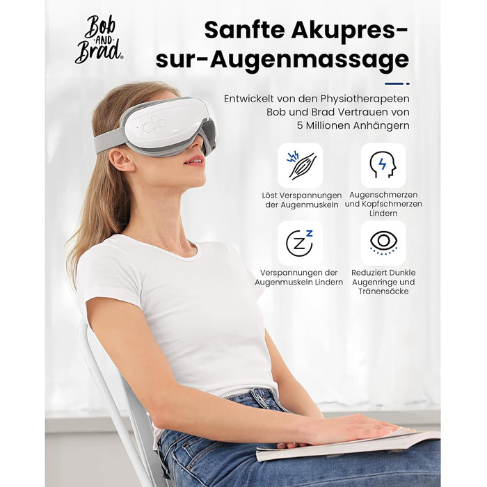 Масажер для очей Bob and Brad EyeOasis 2 з підігрівом, музикою та компресією. Електрична маска для очей для зняття темних кіл та сухості очей. Подарунок для чоловіків та жінок. Білий