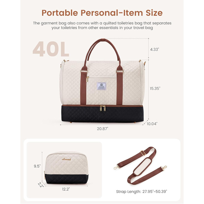 LOVEVOOK Перекидна дорожня сумка для жінок, 2-в-1, валіза, органайзер для взуття, водонепроникна, ручна, для подорожей (53L, чорний, бежевий, коричневий)