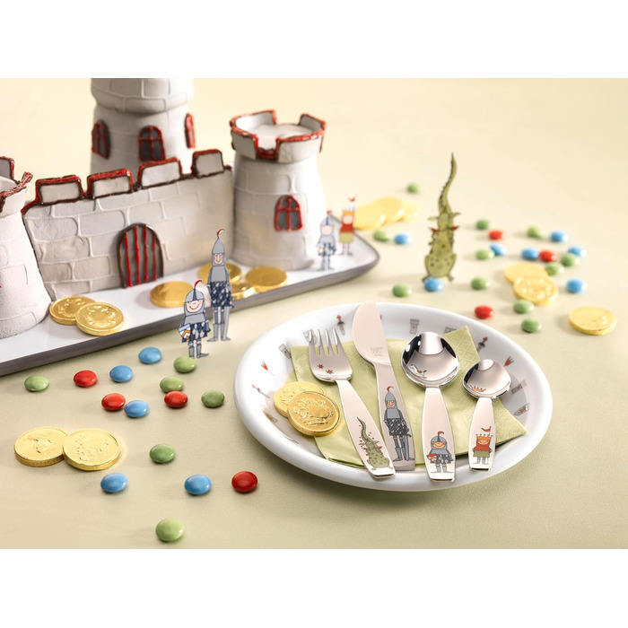 Набір дитячого посуду ZWILLING Ritter Eckbert (4 шт.), з зображеннями лицарів, для дітей від 3 років, нержавіюча сталь 18/10, сріблястий, без пластикової упаковки