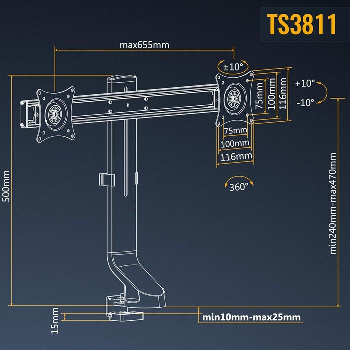 Підставка для монітора RICOO TS3811 для 2 моніторів, чорний мат, 17-27 дюймів