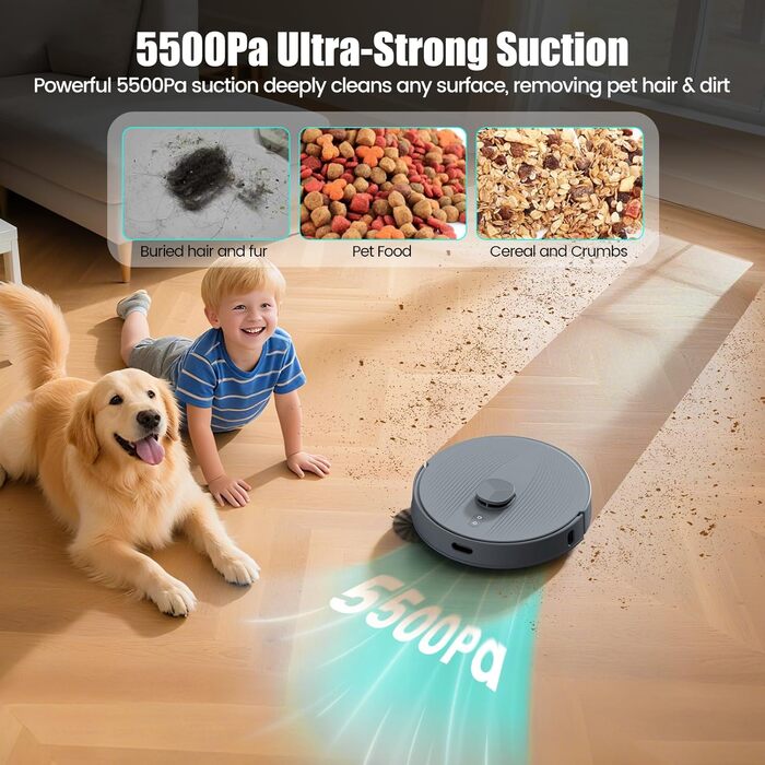 Робот-пилосос AIRROBO T25+ з вологою, LiDAR, 5500Pa, 240 хв, APP-керування, для тварин, сірий