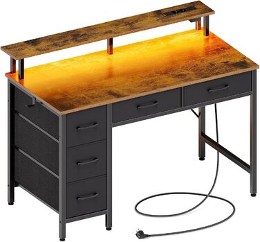 Комп'ютерний стіл Seventable з розетками та LED-підсвіткою, 100 см, геймінговий стіл з 5 висувними ящиками та підставкою для монітора, для офісу, кабінету, спальні, вітальні (Вінтажний коричневий)