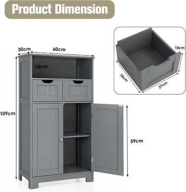 Тумба для ванної з 2 ящиками, 1 шафою та відкритою полицею, 60x30x109 см, дерево, сірий