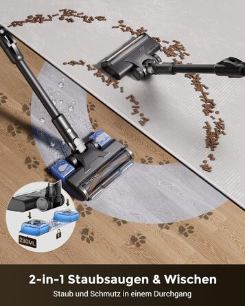 Proscenic P20: Акумуляторний пилосос 2-в-1 з функцією вологого прибирання, 70 кПа, 70 хв, 680 Вт, чорний. Для килимів та шерсті тварин