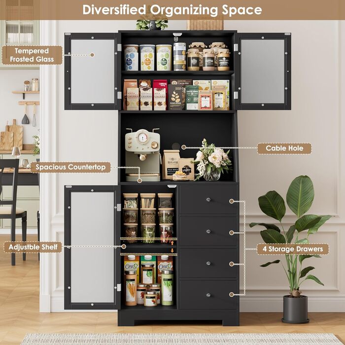 Кухонна шафа HOCSOK 163 см з робочою поверхнею, буфет, шафа для зберігання продуктів, 3 двері та 4 шухляди, висока шафа для кухні, вітальні, їдальні, бару, білий (чорний)