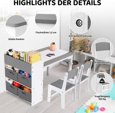 Дитячий стіл Mamizо з 2 стільцями, стіл для малювання та рукоділля, комплект меблів у дитячу кімнату, ігровий стіл з місцем для зберігання для дітей від 3 років (сірий, білий)