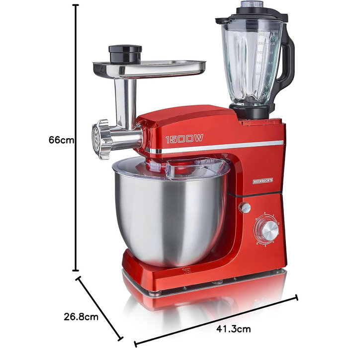 Кухонний комбайн HEINRICHS 3-в-1: міксер, м'ясорубка, кухонний прилад 1500W, 6 швидкостей, 1.5л та 10л чаші (червоний)