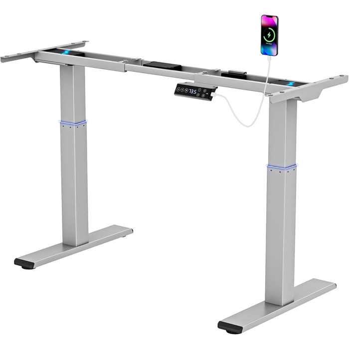 Регульований за висотою стіл-рама Електричний - Рама столу з безступеневим регулюванням з 3-ма пам'ятними настройками, комп'ютерний стіл-рама з 2 моторами (120x60 см, сірий)
