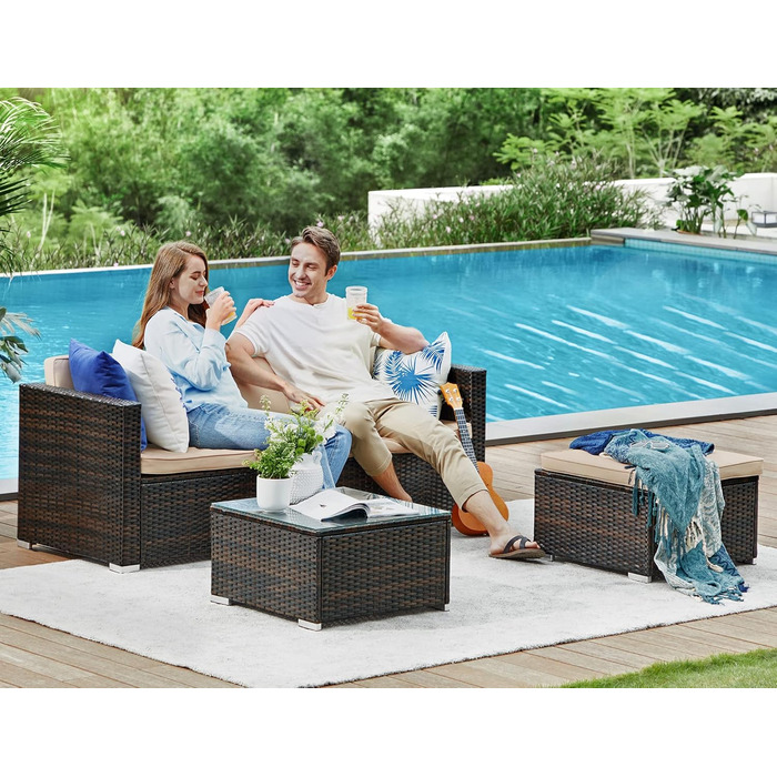 Садовий набір меблів SONGMICS для балкона та тераси з ротангу PE, кутовий диван, лаунж-сет з подушками та скляним столом (коричневий + бежевий)