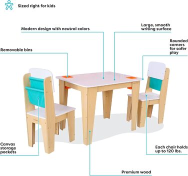 Дитячий столик KidKraft кишеньковий з місцем для зберігання та 2 стільцями, дерев'яний комплект сидінь, меблі для дитячої кімнати, 20353