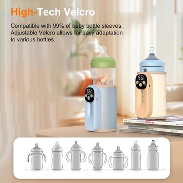 Підігрівач молока бездротовий з LED дисплеєм температури, 8000mAh, для дитячих пляшечок, в подорожах, 6 режимів, швидкий нагрів, USB-C зарядка, ізоляційний чохол для материнського молока, блакитний (жовтий)