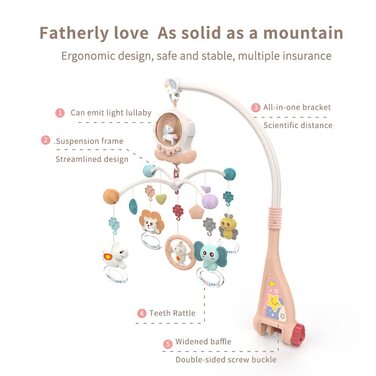Мобільне дитяче ліжечко Eners для дитячої музики, Музична скринька для маленьких дівчаток і хлопчиків, пеленальний столик з мобільним кріпленням для дитячого ліжечка з музикою, підсвічуванням, дистанційним управлінням і функцією обертання (рожевий)