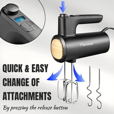 Міксер ручний Bestron Power з 6 швидкостями, Turbo-функцією та LCD-дисплеєм. В комплекті: 2 вінчики та 2 гачки для тіста. Вага: 1 кг, колір: чорний/дерево