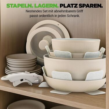 Набір посуду NutriChef 18 частин з кераміки кремового кольору з знімними ручками. Підходить для індукційних плит, всіх типів плит, духовок. Антипригарне покриття, компактний, можна складати.