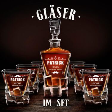 Мавертон Карафа для віскі 950 мл + Набір з 6 склянок для віскі з гравіюванням - Декантер для віскі - Подарунок на Різдво - Люкс дизайн - Кришталеве скло - для чоловіків на день народження (борода)